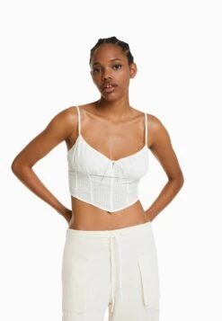 BERSHKA SWISS EMBROIDERY - CORSET - Top - White