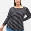 Zizzi STRIPED WITH ROUND NECK - Bluzka Z Długim Rękawem - Night Sky
