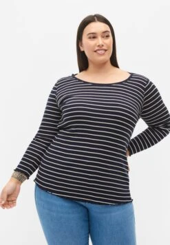 Zizzi STRIPED WITH ROUND NECK - Bluzka Z Długim Rękawem - Night Sky