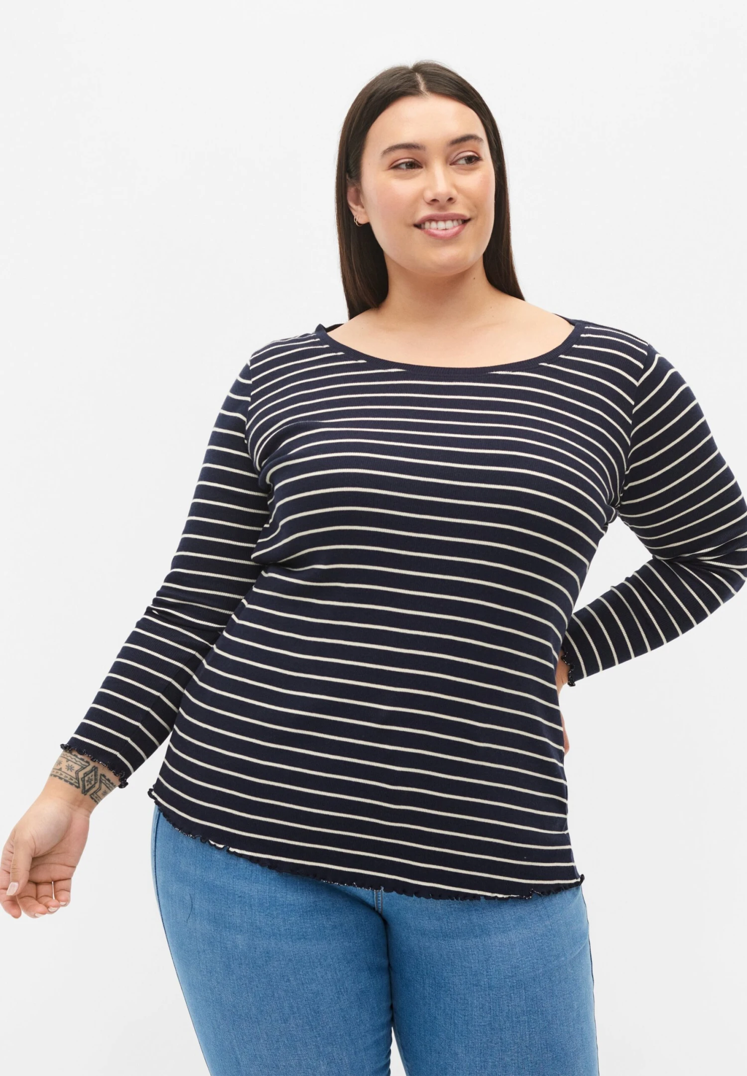 Zizzi STRIPED WITH ROUND NECK - Bluzka Z Długim Rękawem - Night Sky 1 Zizzi STRIPED WITH ROUND NECK - Bluzka Z Długim Rękawem - Night Sky