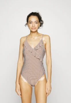 Becksöndergaard STRIBA BLY FRILL SWIMSUIT - Kostium Kąpielowy - Sorrel Brown