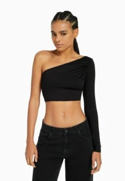 BERSHKA ASYMMETRIC - Bluzka Z Długim Rękawem - Black