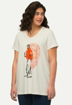 Ulla Popken À COL V ET MANCHES COURTES - T-shirt Z Nadrukiem - Blanc Cassé