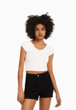 BERSHKA HIGH WAIST STRETCH - Szorty Jeansowe - Black