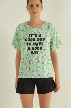 KURZER HALBLANGEN ÄRMELN UND GOOD DAY PRINT - Piżama - Pastel Green Good Day Print