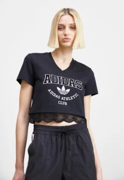 Adidas Originals CROPPED VNECK - T-shirt Z Nadrukiem - Black